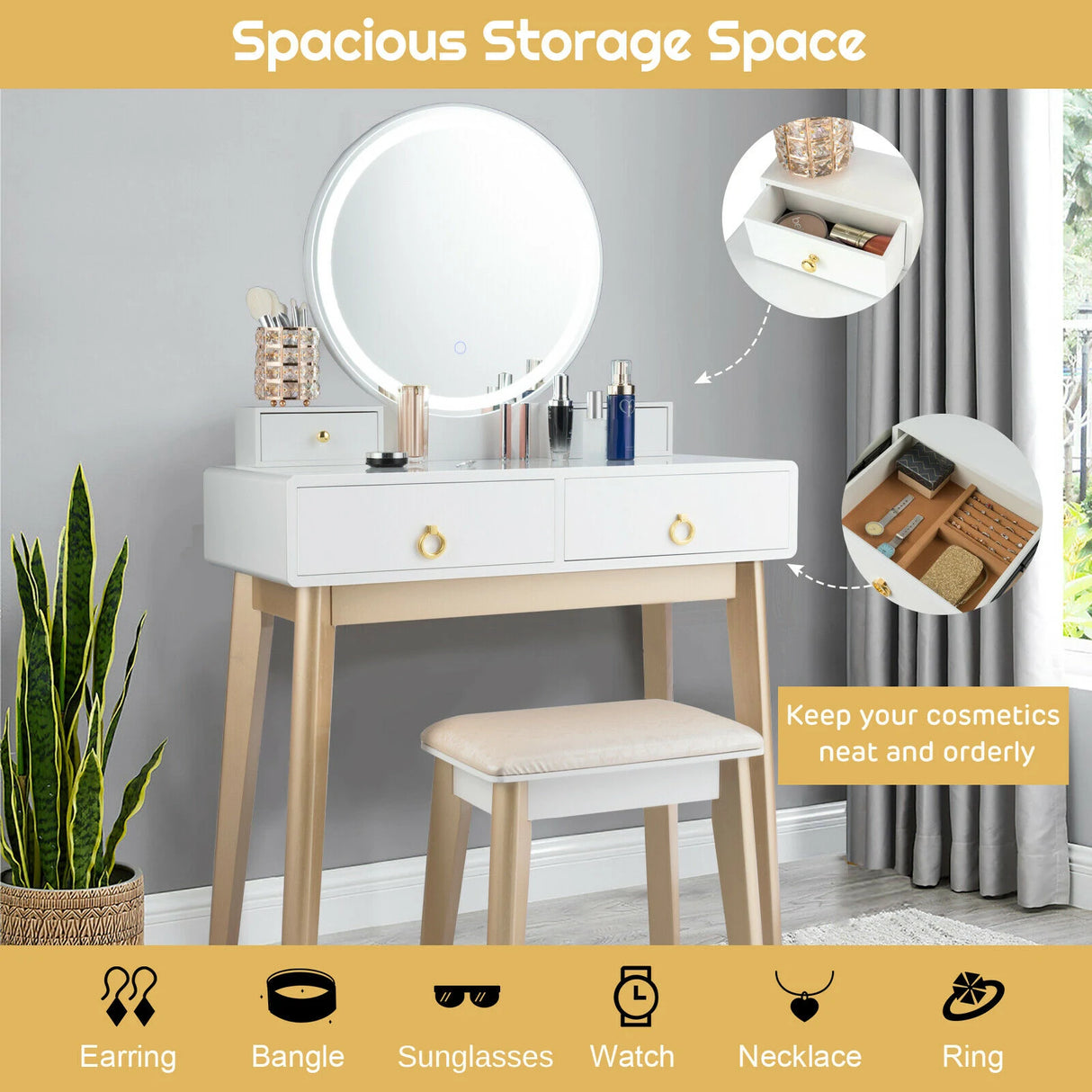 Modern Dressing Table with LED Mirror &amp; Cushioned Stool-White