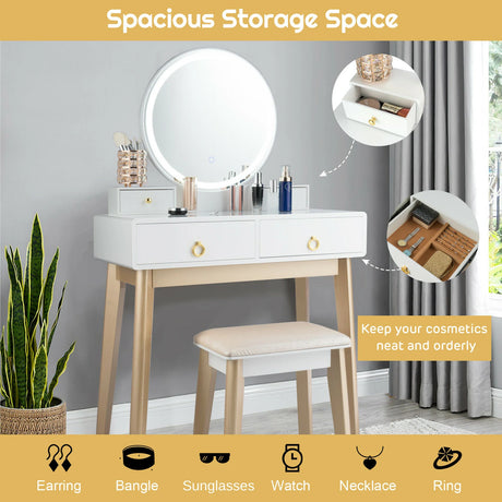 Modern Dressing Table with LED Mirror &amp; Cushioned Stool-White