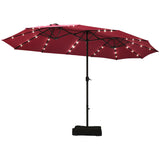 15 Ft Solar LED Patio Double-sided Umbrella Market Umbrella with Weight Base-Red
