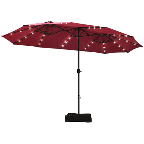15 Ft Solar LED Patio Double-sided Umbrella Market Umbrella with Weight Base-Red