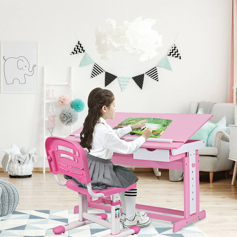 Children's Height Adjustable Tilting Drawing Table with Storage-Pink