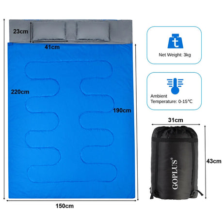 2 Person Waterproof Sleeping Bag with 2 Pillows-Blue