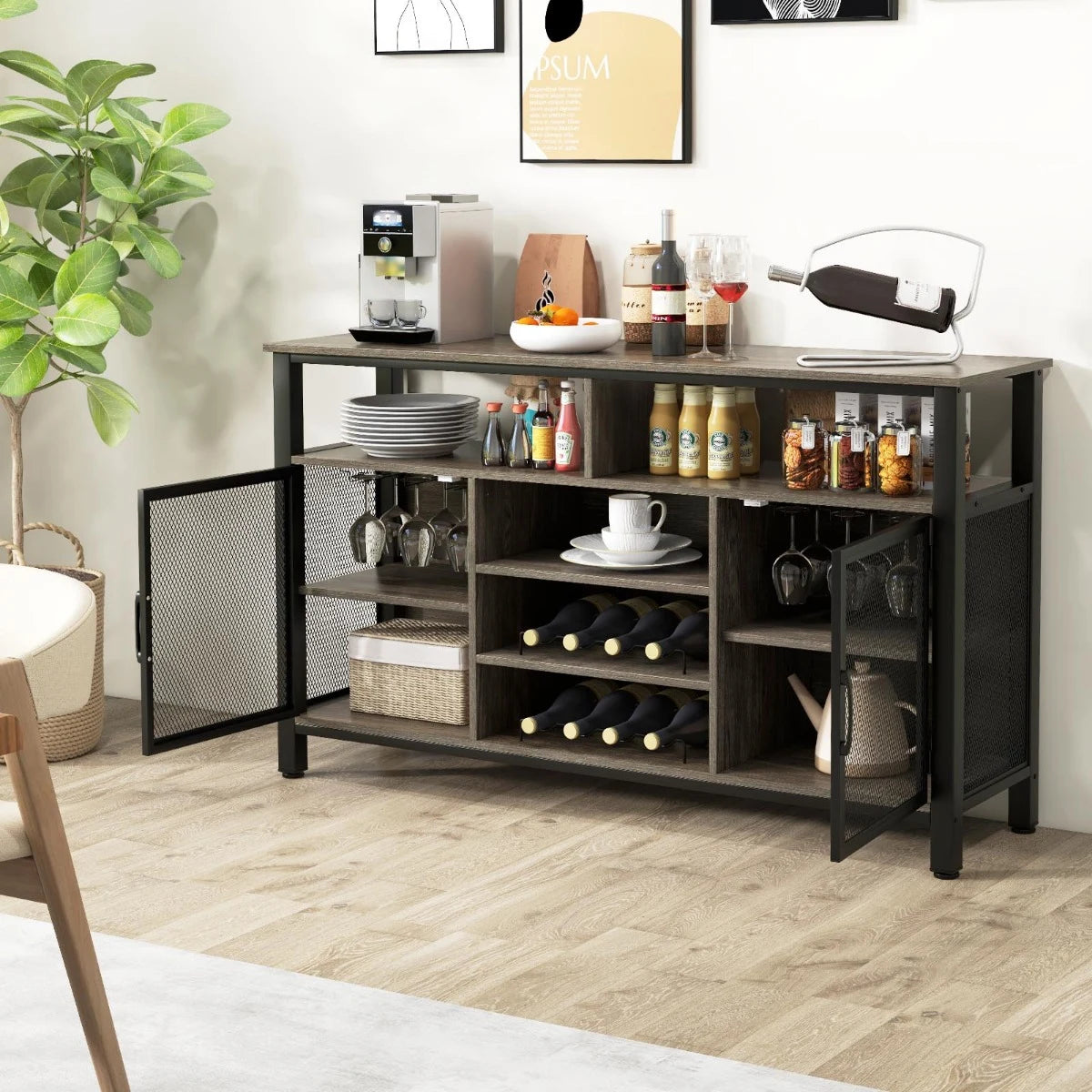 55-Inch Buffet Sideboard with 8-Bottle Wine Racks and Wine Glass Holders-Gray