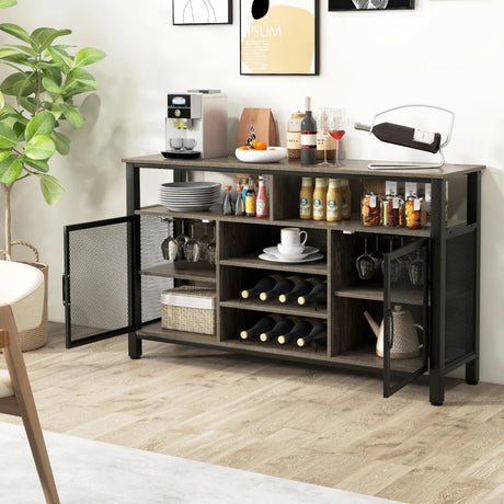 55-Inch Buffet Sideboard with 8-Bottle Wine Racks and Wine Glass Holders-Gray