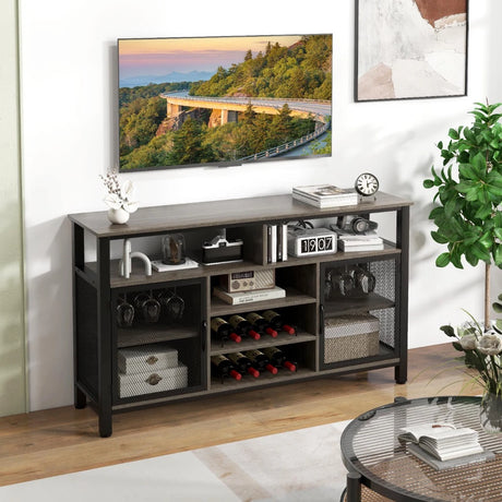 55-Inch Buffet Sideboard with 8-Bottle Wine Racks and Wine Glass Holders-Gray