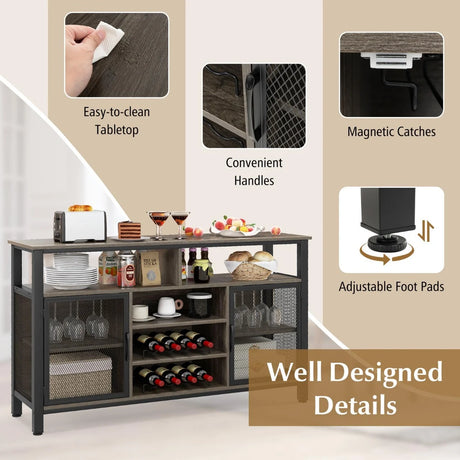 55-Inch Buffet Sideboard with 8-Bottle Wine Racks and Wine Glass Holders-Gray