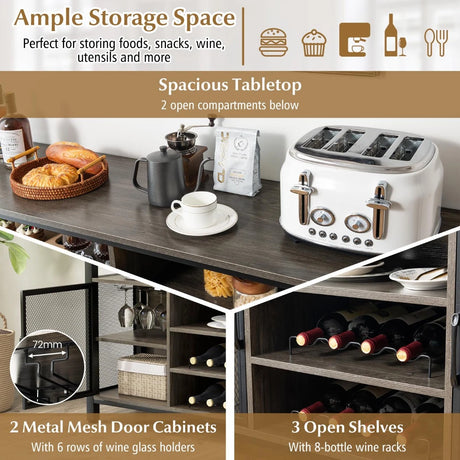 55-Inch Buffet Sideboard with 8-Bottle Wine Racks and Wine Glass Holders-Gray