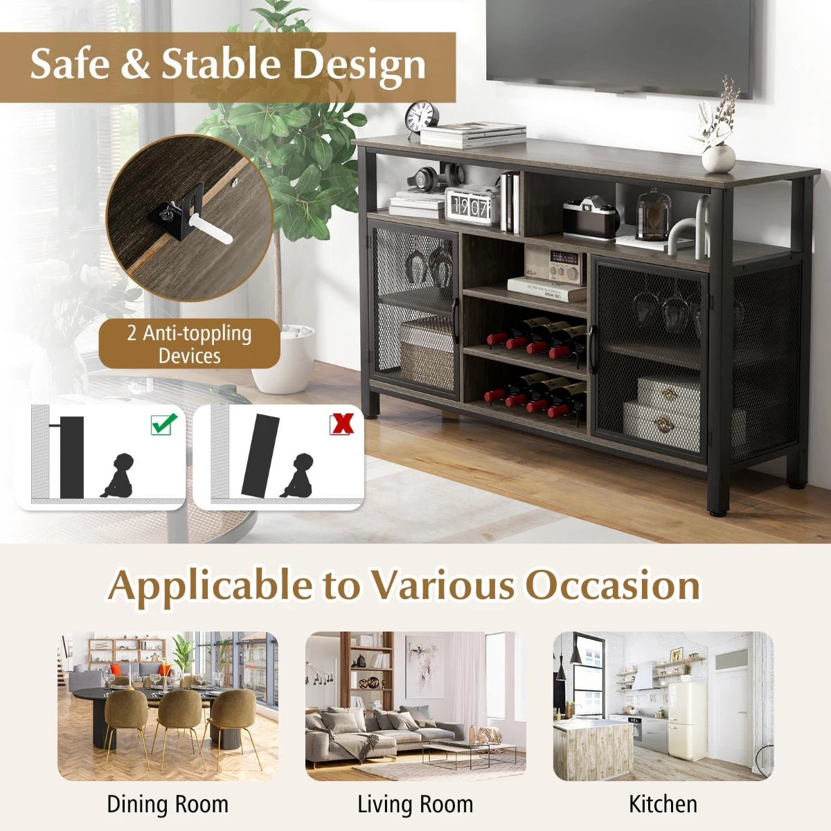 55-Inch Buffet Sideboard with 8-Bottle Wine Racks and Wine Glass Holders-Gray
