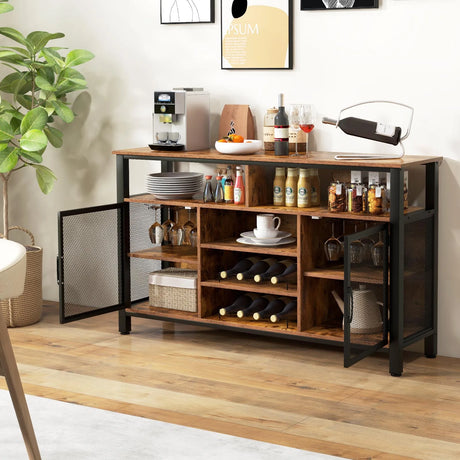 55-Inch Buffet Sideboard with 8-Bottle Wine Racks and Wine Glass Holders-Rustic Brown