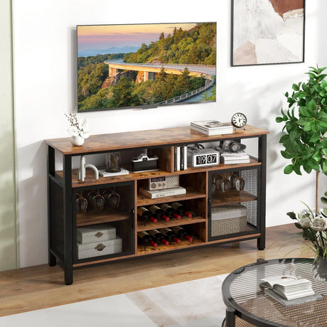 55-Inch Buffet Sideboard with 8-Bottle Wine Racks and Wine Glass Holders-Rustic Brown