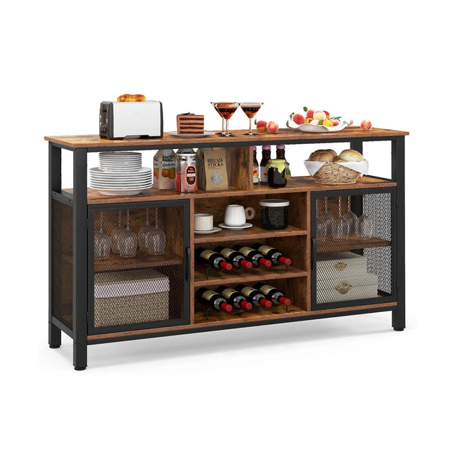 55-Inch Buffet Sideboard with 8-Bottle Wine Racks and Wine Glass Holders-Rustic Brown