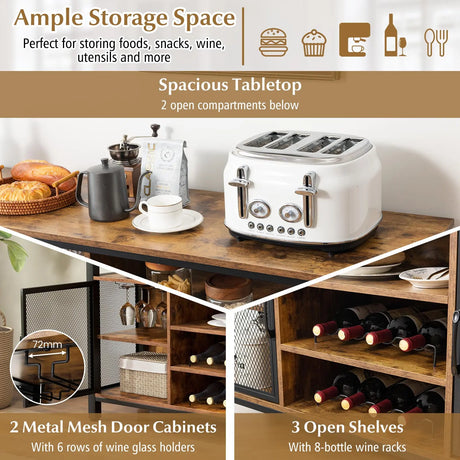 55-Inch Buffet Sideboard with 8-Bottle Wine Racks and Wine Glass Holders-Rustic Brown