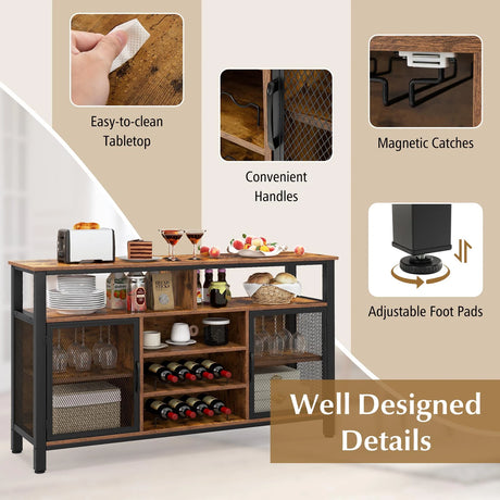 55-Inch Buffet Sideboard with 8-Bottle Wine Racks and Wine Glass Holders-Rustic Brown