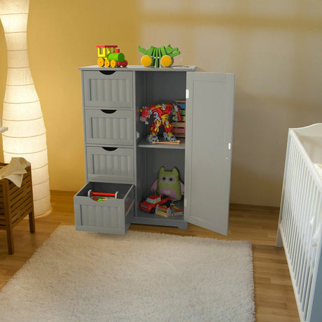 Bathroom cabinet with 4 drawers &amp; 1 magnetic door lock bathroom cabinet gray