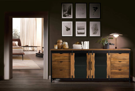 Giner and Colomer - Industrial Mango Wood & Metal Sideboard With 2 Sliding Doors & 6 Drawers