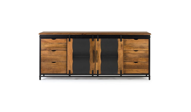 Giner and Colomer - Industrial Mango Wood & Metal Sideboard With 2 Sliding Doors & 6 Drawers