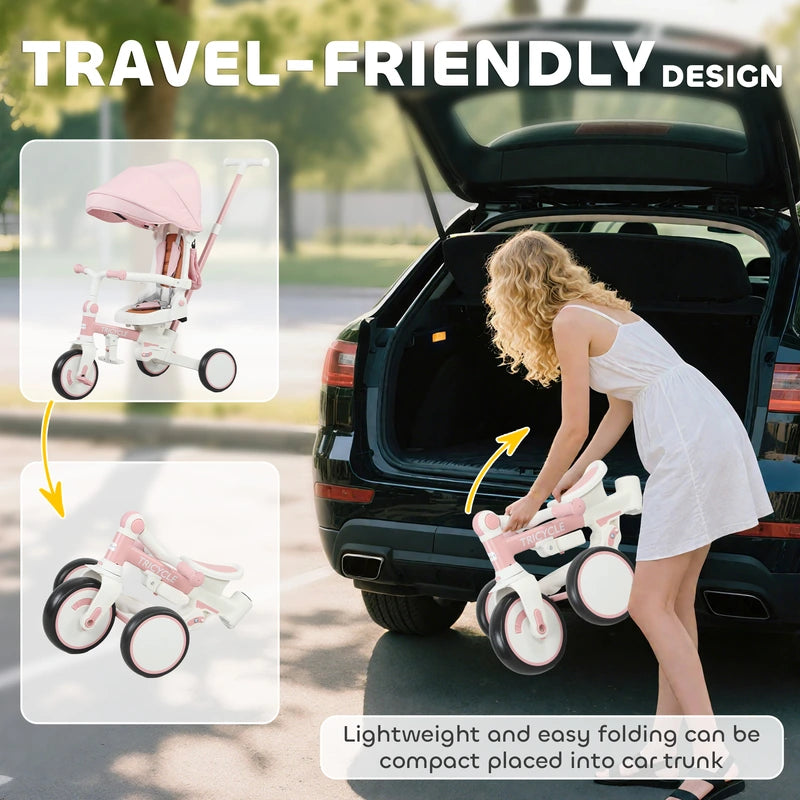 AIYAPLAY 5 in 1 Kids Trike with Adjustable Backrest, Toddler Tricycle with Push Handlebar, Adjustable Backrest, Pink