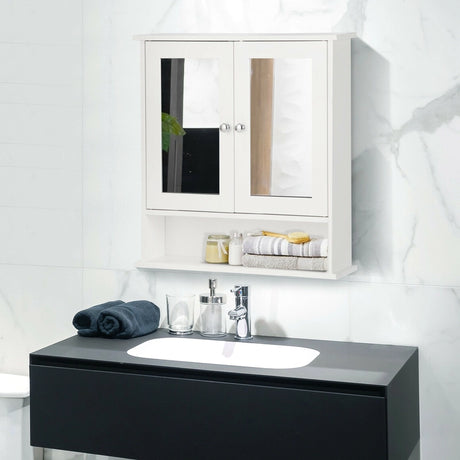 Wooden Hanging Medicine Organizer with Mirror and Adjustable Shelf-White