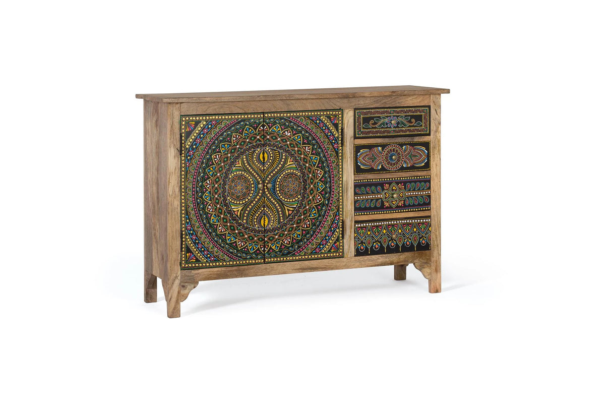 Giner and Colomer - Mango Wood Sideboard With 2 Doors, 4 Drawers & Hand-Painted Details