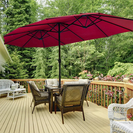 15 Foot Extra Large Patio Double Sided Umbrella with Crank and Base-Burgundy