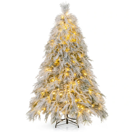 145 CM Feet Flocked Christmas Tree with 150 Warm White LED Lights-M