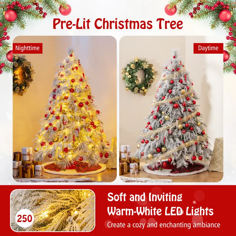 145 CM Feet Flocked Christmas Tree with 150 Warm White LED Lights-M