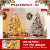 145 CM Feet Flocked Christmas Tree with 150 Warm White LED Lights-M