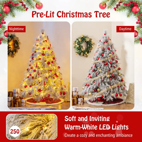 145 CM Feet Flocked Christmas Tree with 150 Warm White LED Lights-M