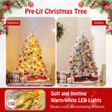 145 CM Feet Flocked Christmas Tree with 150 Warm White LED Lights-S