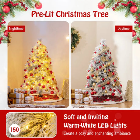 145 CM Feet Flocked Christmas Tree with 150 Warm White LED Lights-S