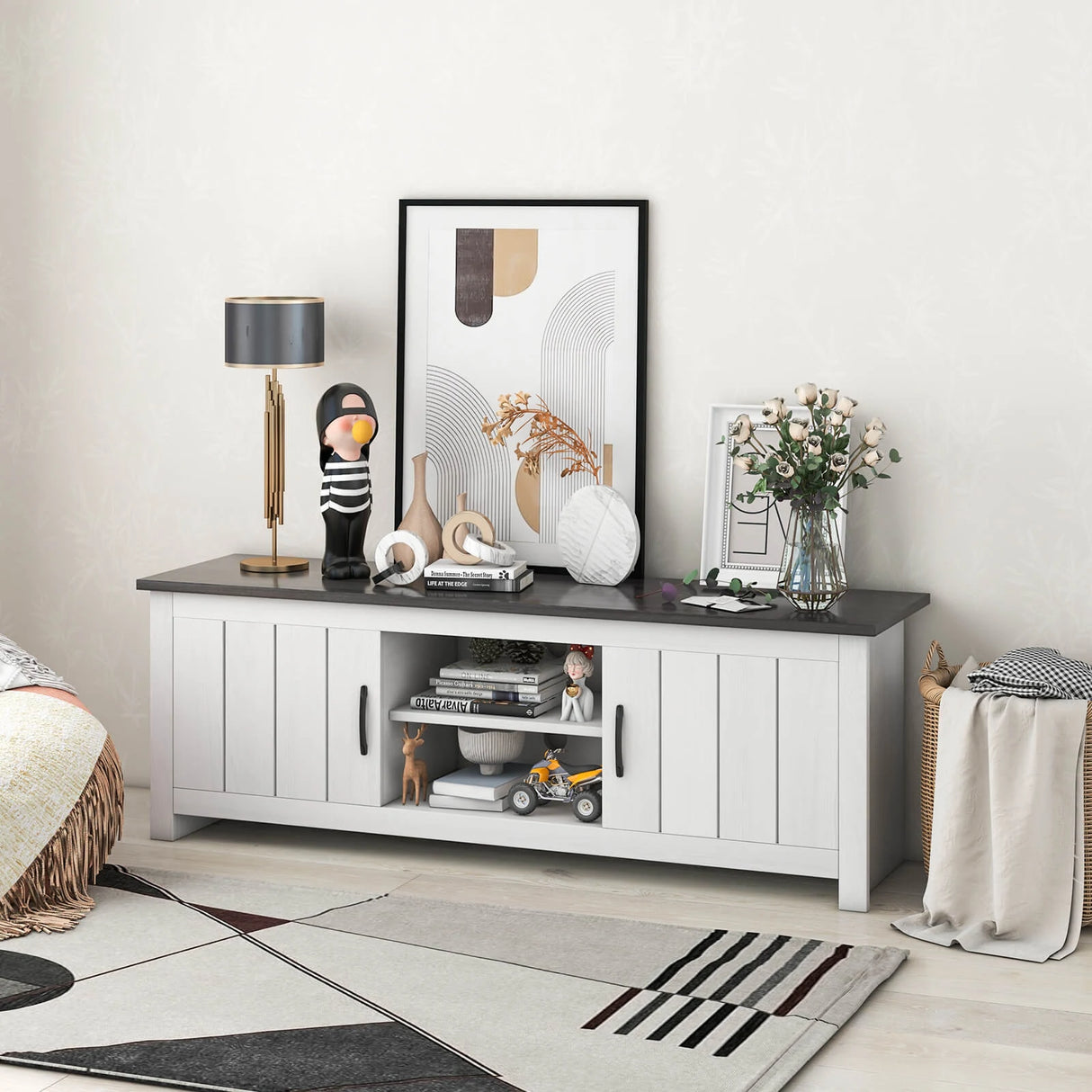 TV Stand with 2 Cabinets and Open Shelves for TVs up to 65 Inch-Black