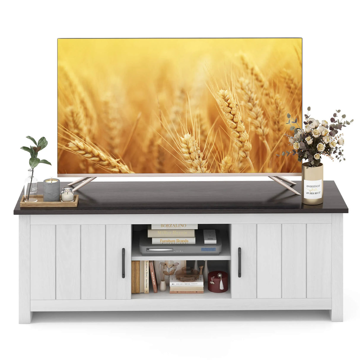 TV Stand with 2 Cabinets and Open Shelves for TVs up to 65 Inch-Black