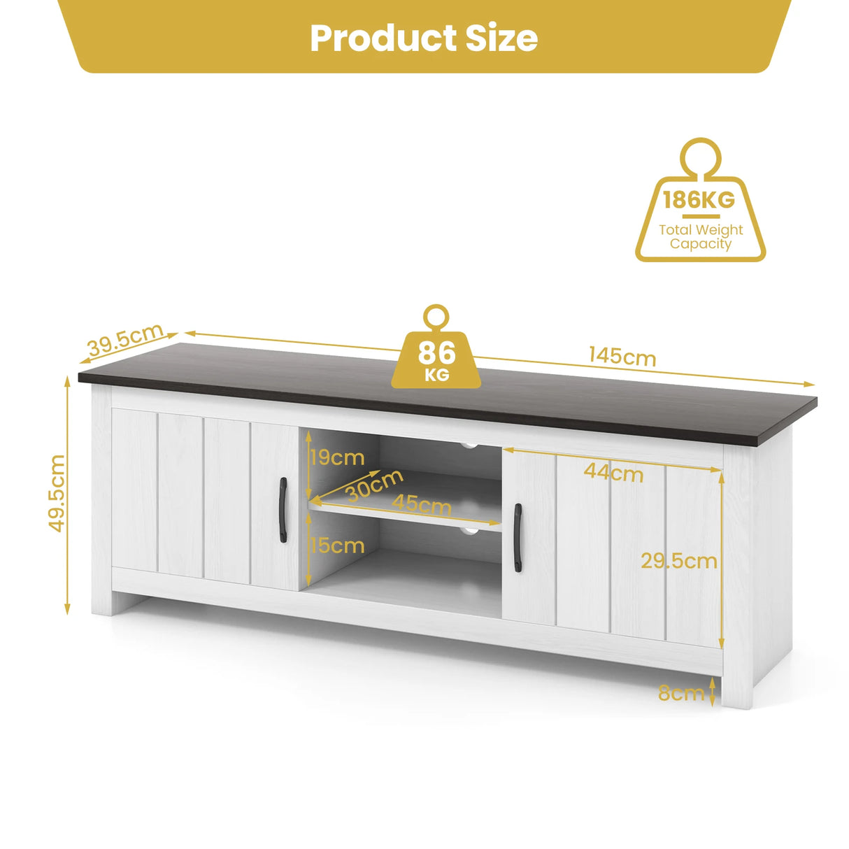 TV Stand with 2 Cabinets and Open Shelves for TVs up to 65 Inch-Black