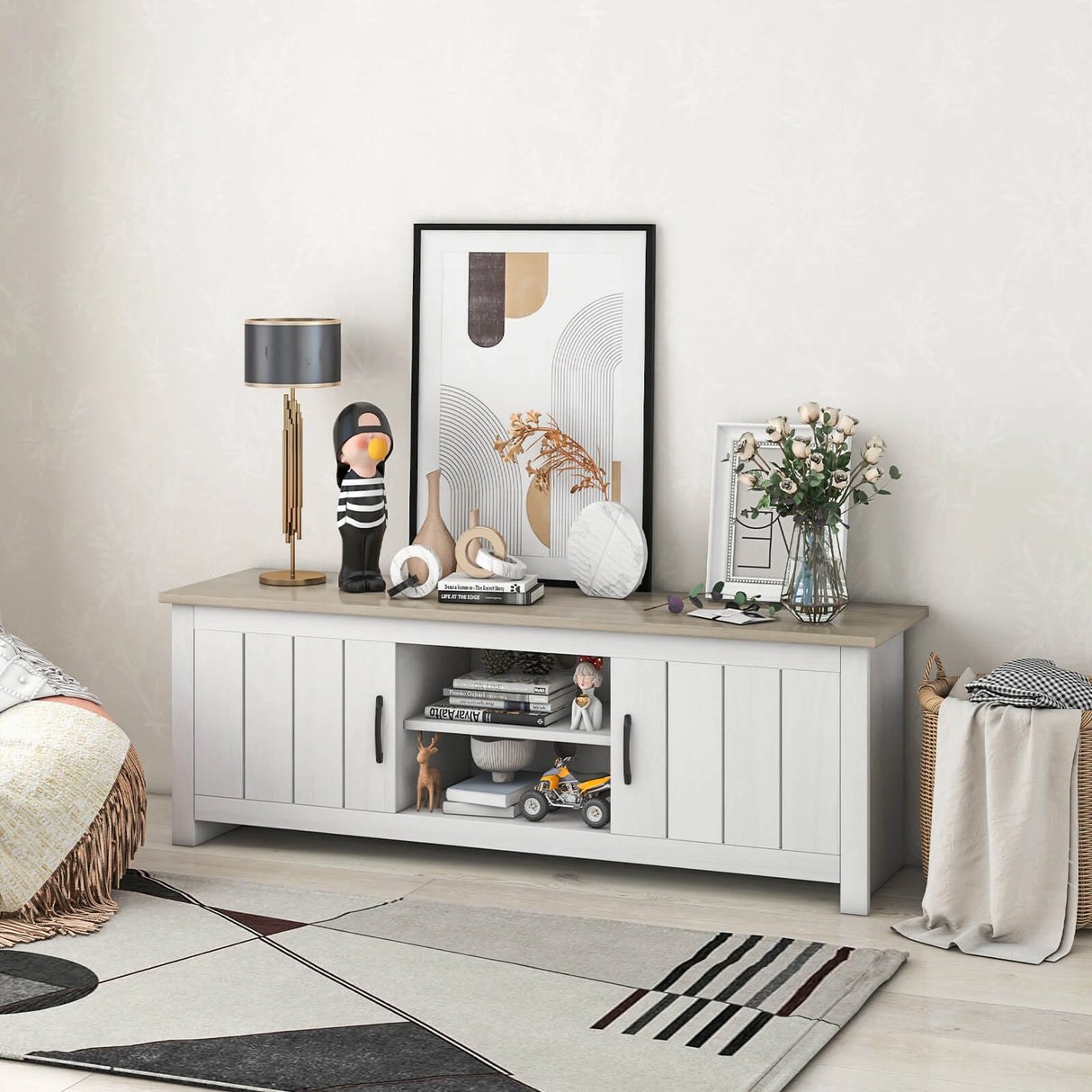 TV Stand with 2 Cabinets and Open Shelves for TVs up to 65 Inch-Natural