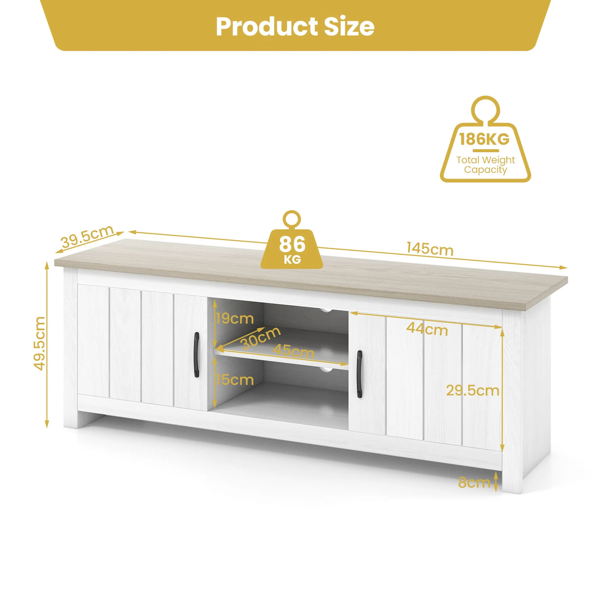 TV Stand with 2 Cabinets and Open Shelves for TVs up to 65 Inch-Natural