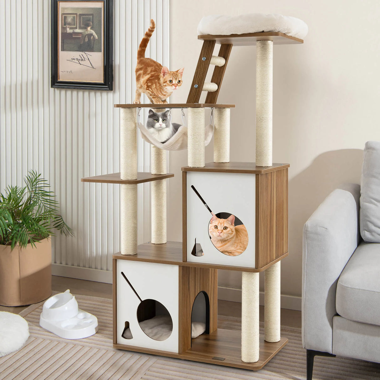 57" Cat Tree Tower Multi-Level Activity Center with Scratching Posts-Natural