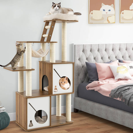 57" Cat Tree Tower Multi-Level Activity Center with Scratching Posts-Natural