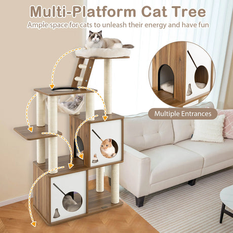 57" Cat Tree Tower Multi-Level Activity Center with Scratching Posts-Natural