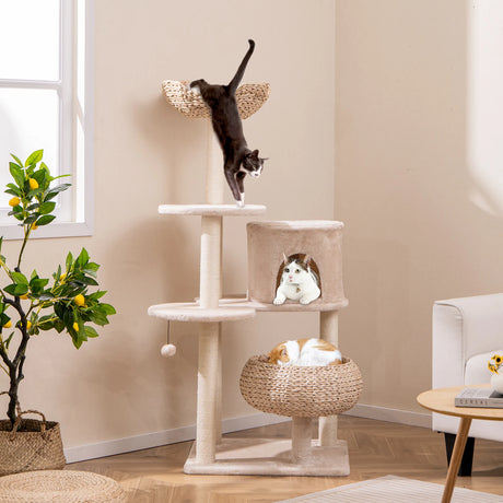 146cm Cattail Cat Tower with Sisal Scratching Posts Perch-Beige