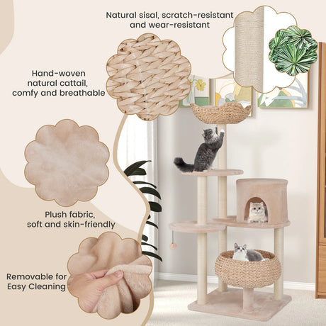 146cm Cattail Cat Tower with Sisal Scratching Posts Perch-Beige