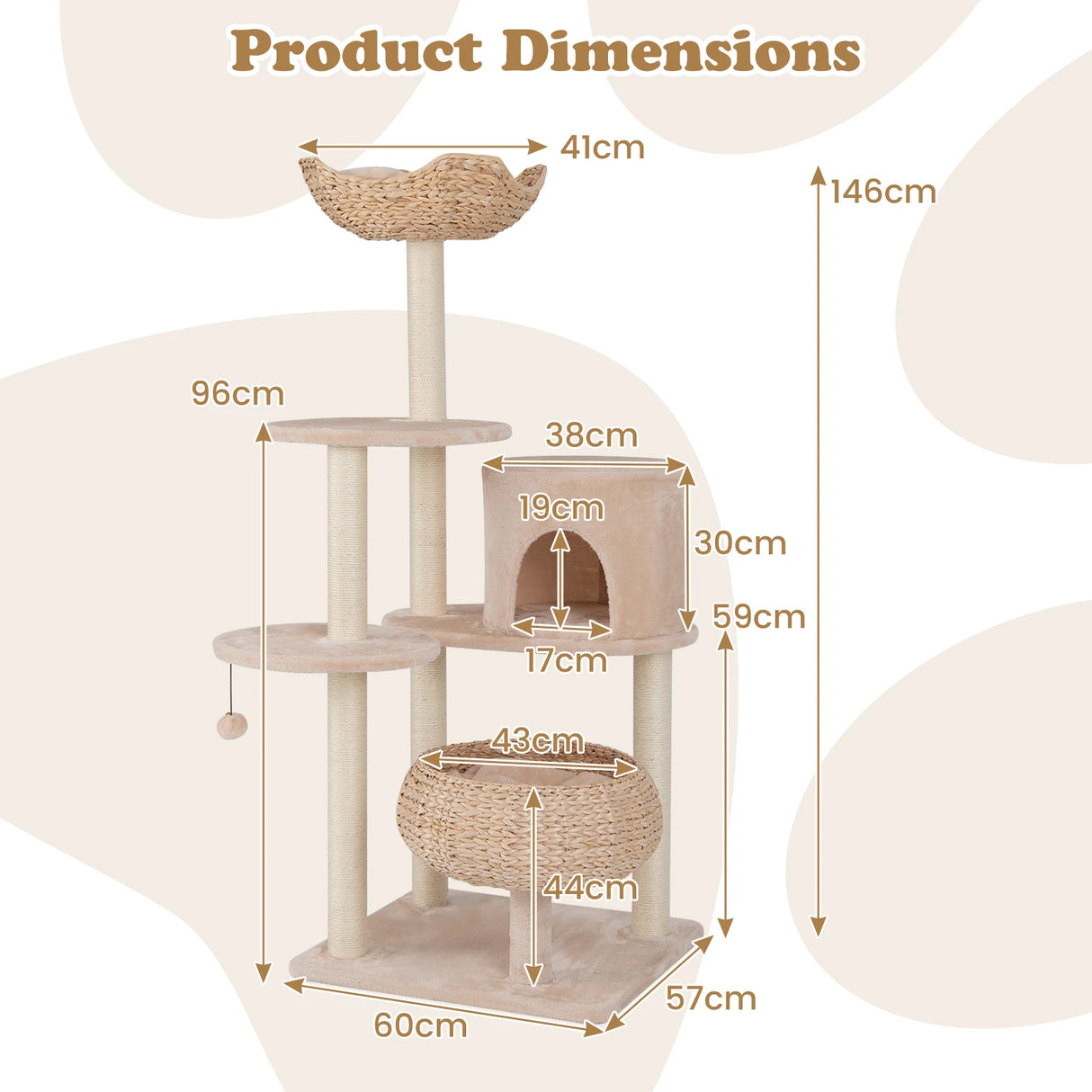 146cm Cattail Cat Tower with Sisal Scratching Posts Perch-Beige