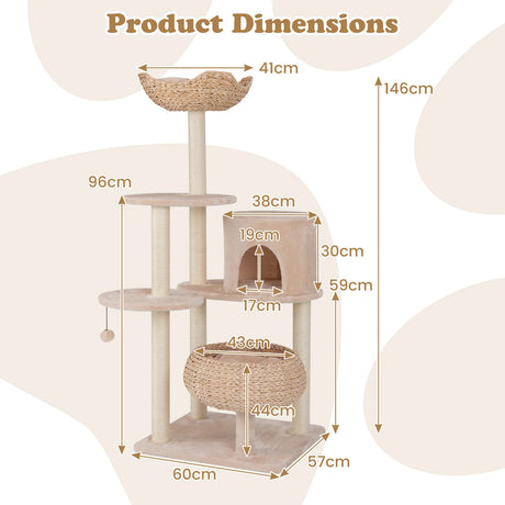 146cm Cattail Cat Tower with Sisal Scratching Posts Perch-Beige