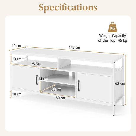 147 cm Industrial TV Stand with Adjustable Shelf for TVs up to 65 Inch-White