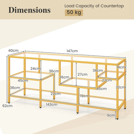 58 Inch TV Console Table with Tempered Glass Shelves for Living Room-Gold