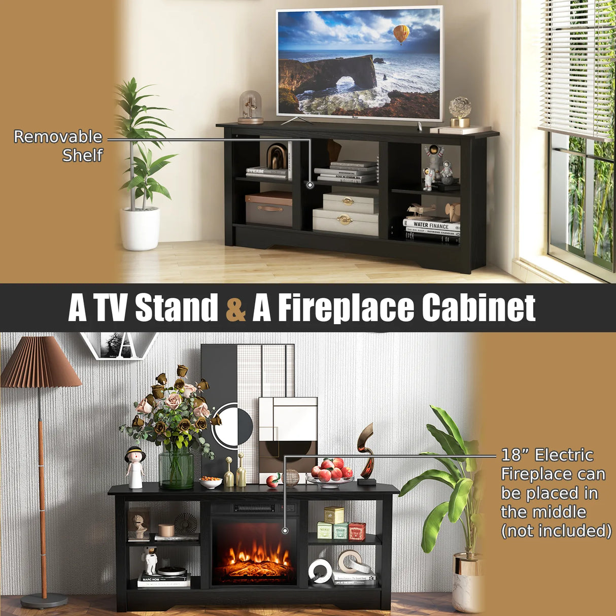58 Inch TV Stand with 6 Open Storage Shelves for TVs up to 65 Inches-Black