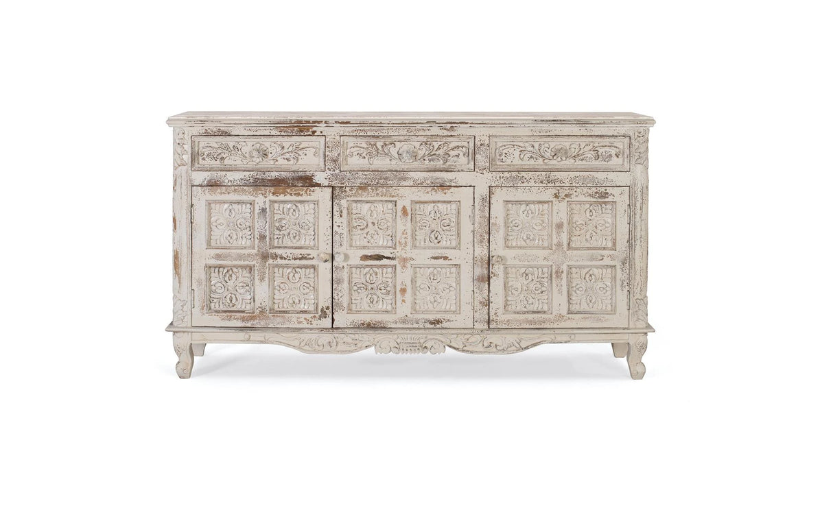 Giner and Colomer - Crackled White Mango Wood Sideboard With 3 Hand-Carved Doors