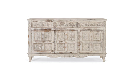 Giner and Colomer - Crackled White Mango Wood Sideboard With 3 Hand-Carved Doors