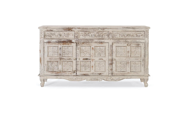 Giner and Colomer - Crackled White Mango Wood Sideboard With 3 Hand-Carved Doors