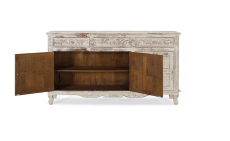 Giner and Colomer - Crackled White Mango Wood Sideboard With 3 Hand-Carved Doors