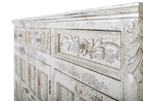 Giner and Colomer - Crackled White Mango Wood Sideboard With 3 Hand-Carved Doors